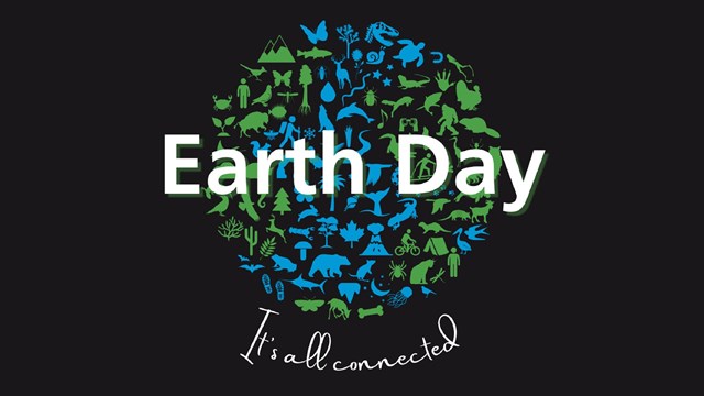 Graphic of a planet and text reading "Earth Day. It's all connected."